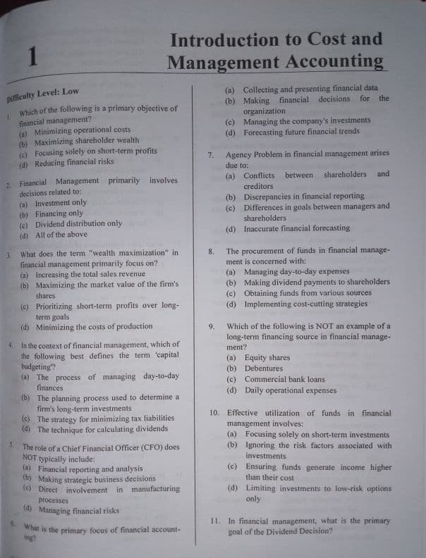 First page of MCQ'S for Introduction to Cost and Management Accounting Dm me for the answers