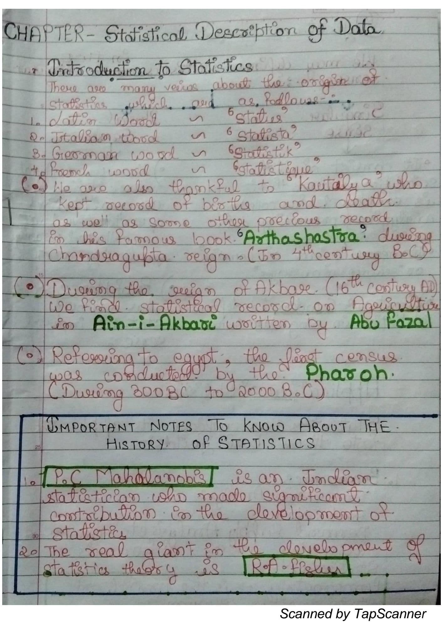 First page of Hand written notes for Description of data