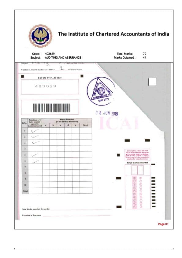 First page of Audit answer sheet
