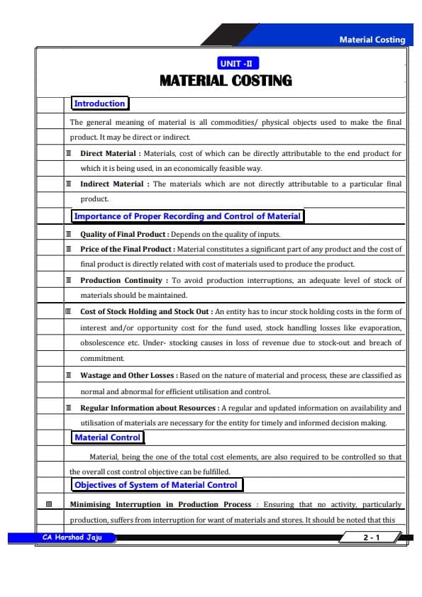 First page of Costing ca intermediate notes