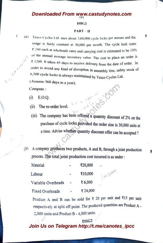 First page of CA INTERMEDIATE COSTING QUESTION PAPER OF MAY 24 EXAMINATION
