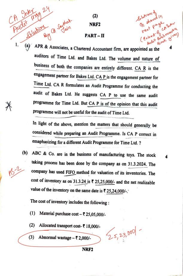 First page of CA Inter- Solution of May 24 Question Paper. Question paper and solution.🙌