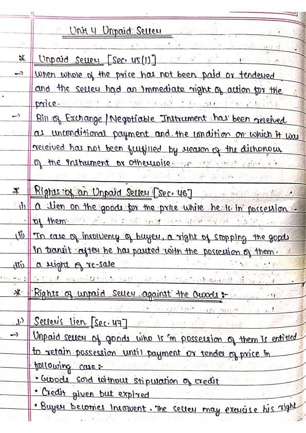 First page of Notes of The Sale of Goods Act,1930 [Unit 4] : )