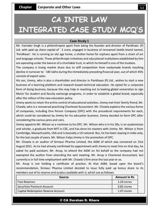 First page of CA INTER LAW INTEGRATED CASE STUDY MCQ’S By CA Darshan D. Khare