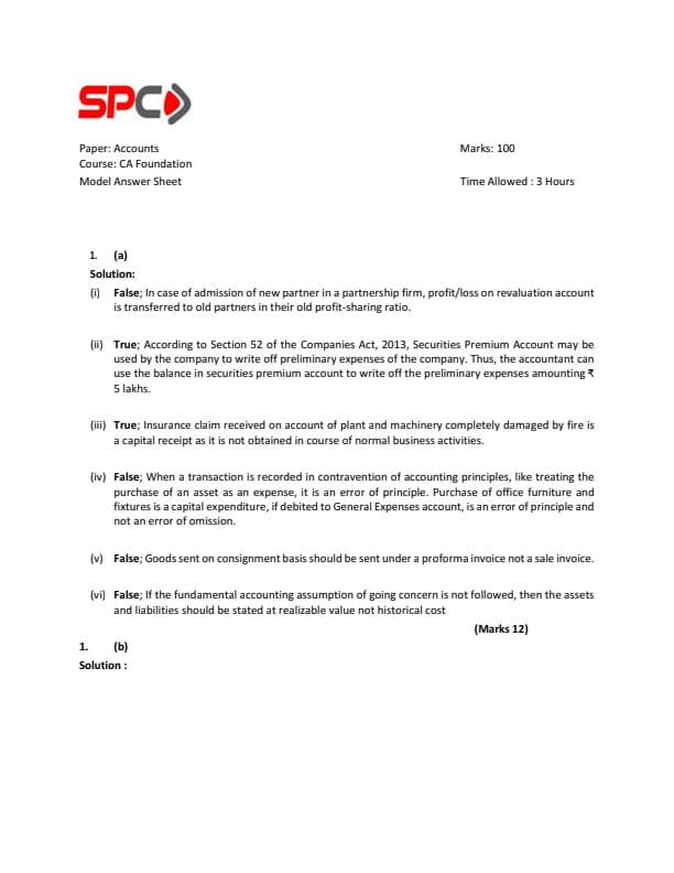 First page of CA foundation Accounts revision Question/ Answer