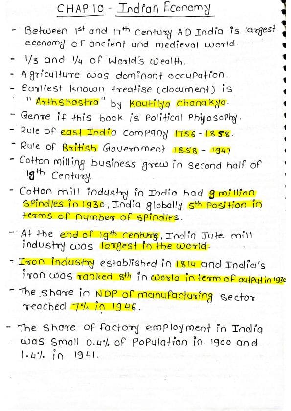 First page of ECONOMICS CHAP-10 INDIAN ECONOMY HANDWRITTEN NOTES