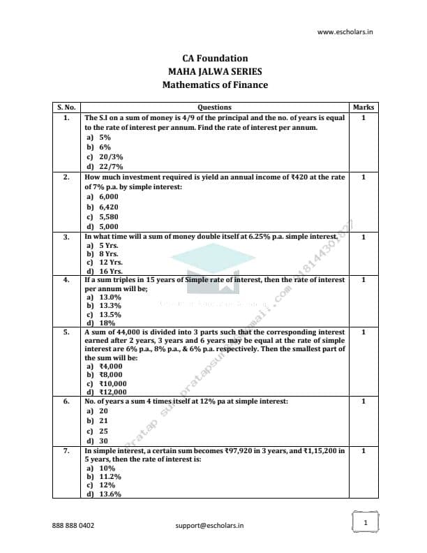 First page of Maths of finance extra questions