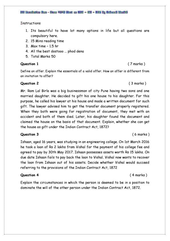 First page of Business Law Test. Must Attempt. It helps to check your preparation. I will post the answer at 6 pm.