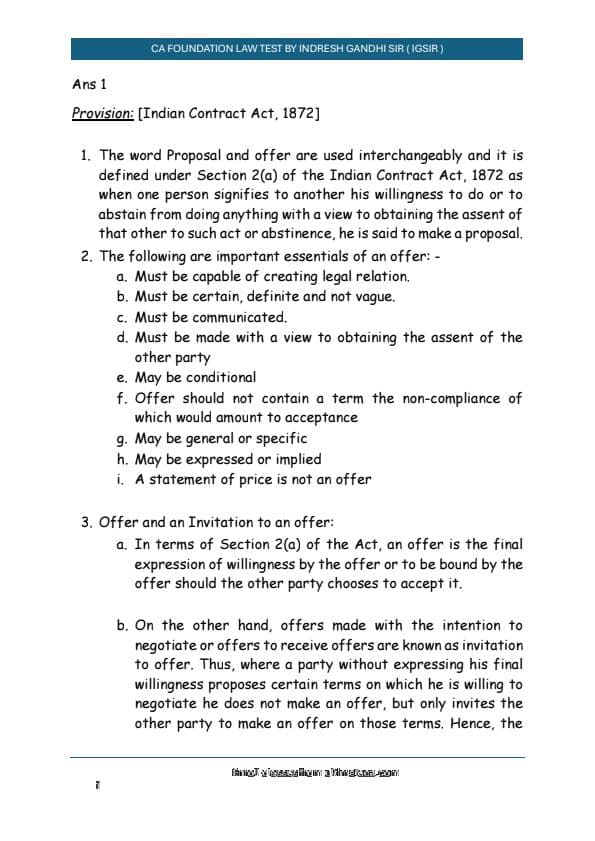 First page of Answers of Business Law Test.