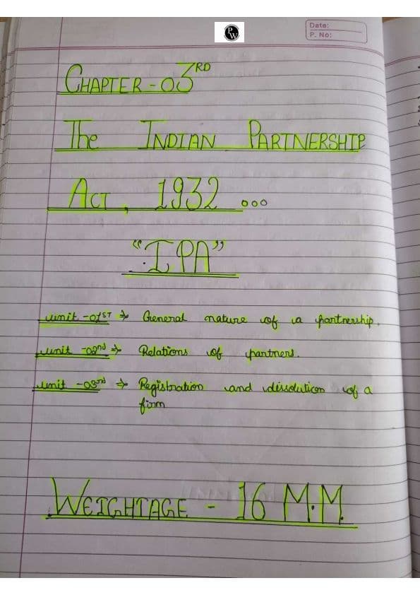 First page of Business law ( Hand written notes of Partnership Act, 1932) ......This will make you clear all the concept & questions.. .hope you all were doing well 💓 Keep working 💯 All the best for law paper 📜