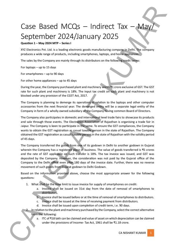 First page of Case Based MCQs of Indirect tax (GST) by Nishant Sir