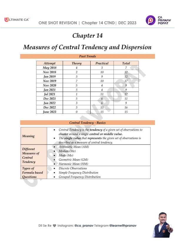 First page of MEASURES OF CENTRAL TENDENCY AND DISPERSION QUESTIONS BY CA PRANAV SIR