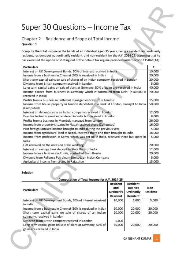First page of Super 30 Questions of Direct Tax (income tax) by Nishant Sir