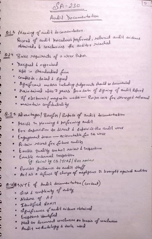 First page of CA inter Audit SA 230 handwritten notes