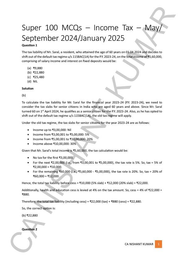 First page of Super 100 MCQs of Income Tax by Nishant Sir