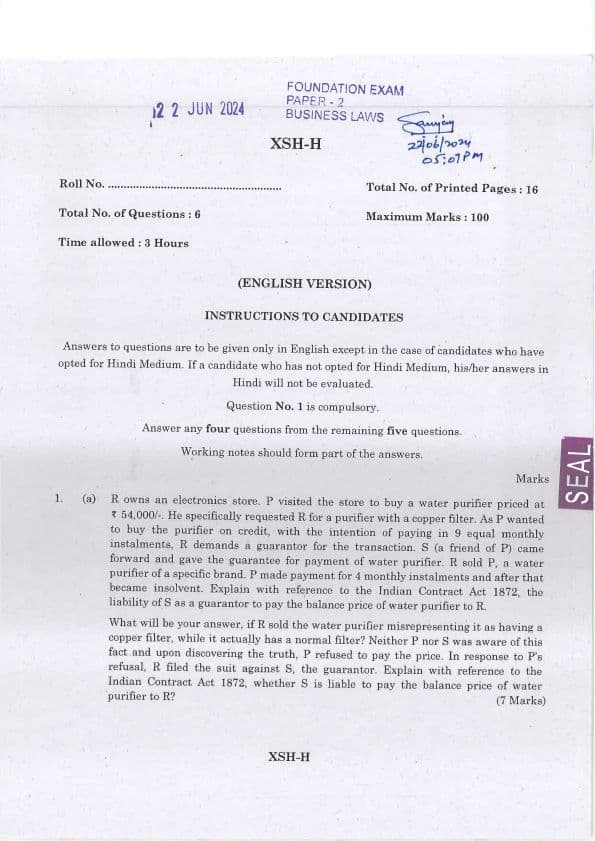 First page of 2024 June paper 2 business law question paper