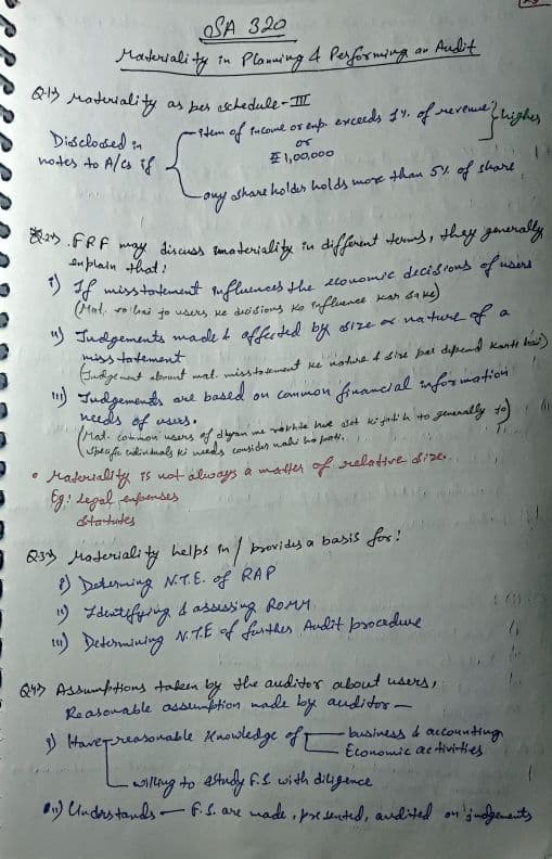 First page of CA Inter Audit SA 320 handwritten notes