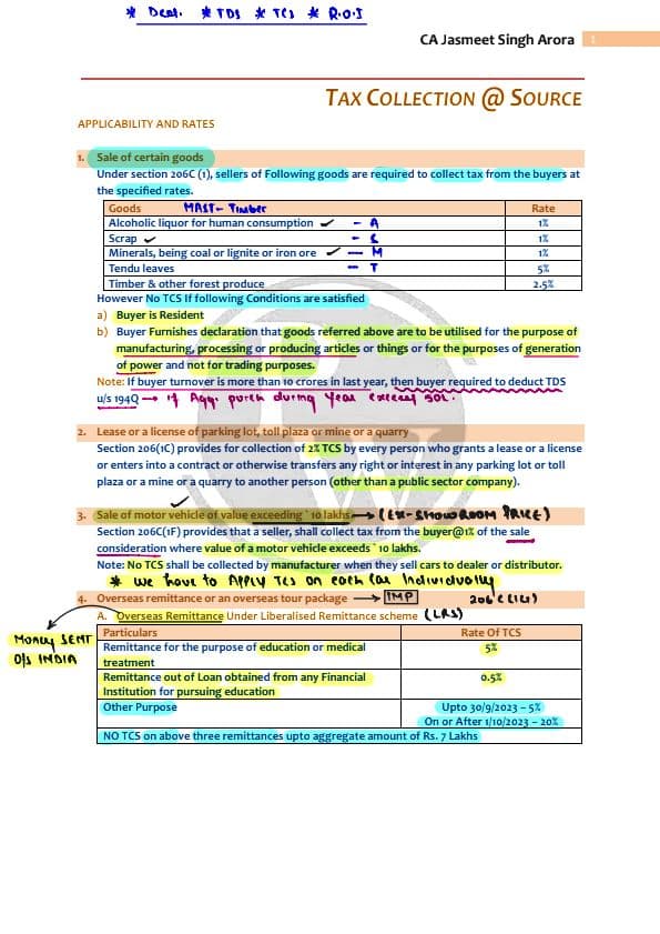 First page of TCS summary notes from PW by CA jasmeet sir