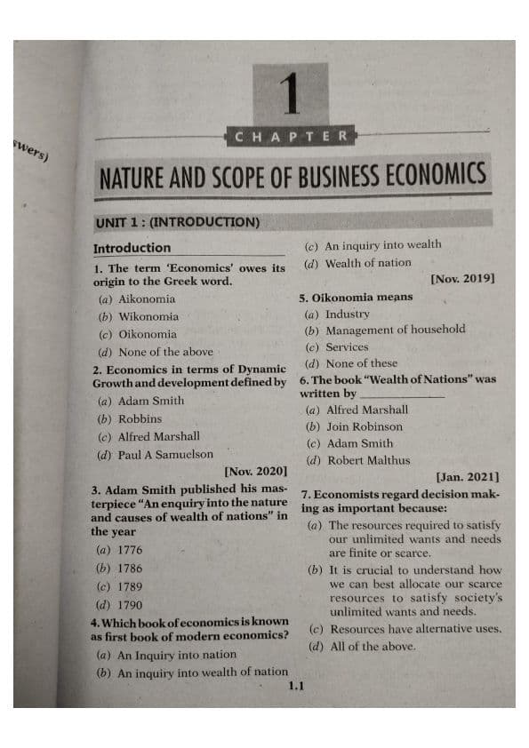 First page of nature and scope of business economics MCQ practice questions