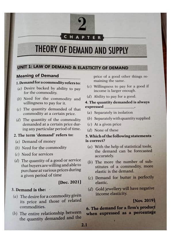 First page of Theory of demand and supply MCQ practice questions