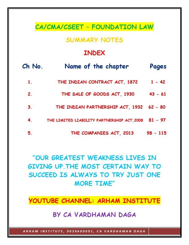 First page of Summary notes