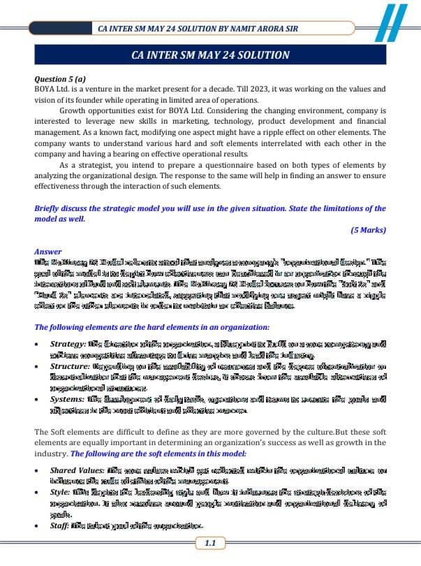 First page of CA INTERMEDIATE STRATEGIC MANAGEMENT MAY 2024 EXAM SUGGESTED ANSWER BY CA NAMIT ARORA