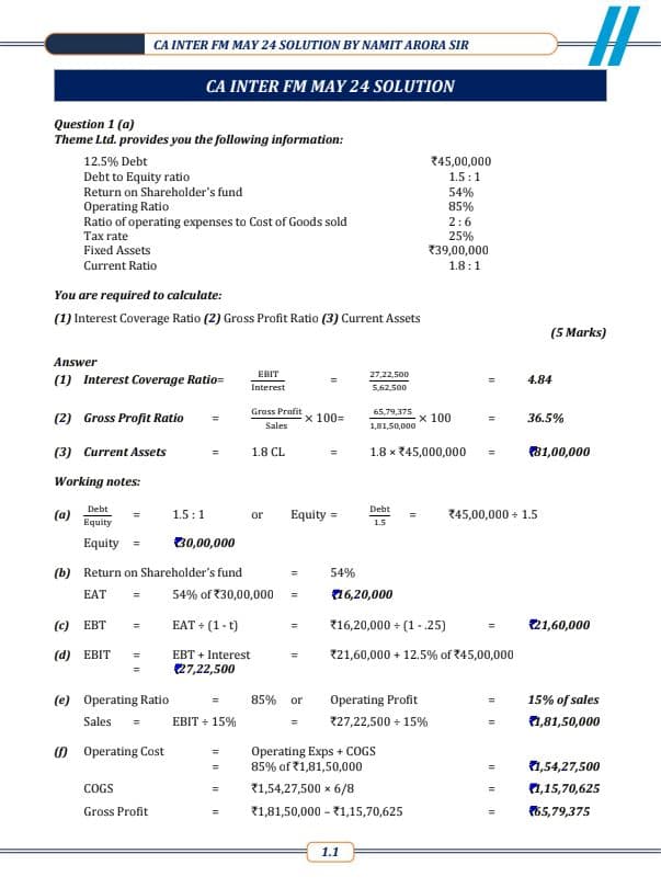 First page of CA INTERMEDIATE FINANCIAL MANAGEMENT MAY 2024 EXAM SUGGESTED ANSWER BY CA NAMIT ARORA