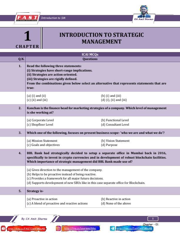 First page of CA INTERMEDIATE STRATEGIC MANAGEMENT MCQS AND THEORY QUESTIONS BANK BY CA AMIT SHARMA