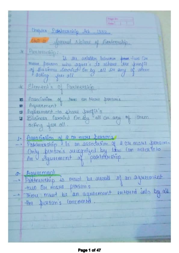 First page of Hello guys here you go with the Partnership Act notes Hope it will help you in your preparations 👍