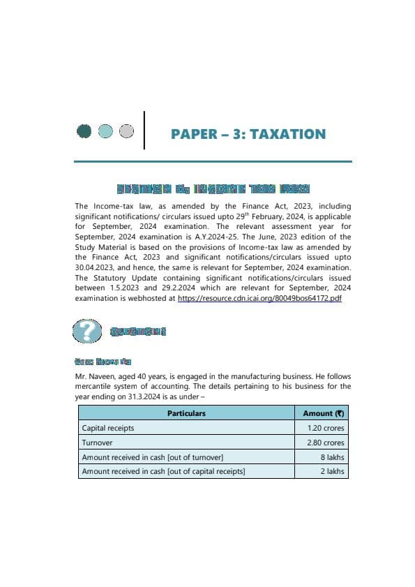 First page of CA INTER SEP 2024 RTP PAPER 3: TAXATION