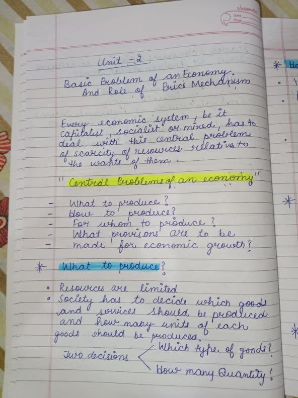 First page of Chapter 1 unit 2 "Basic problem of an economy and role of price mechanism"