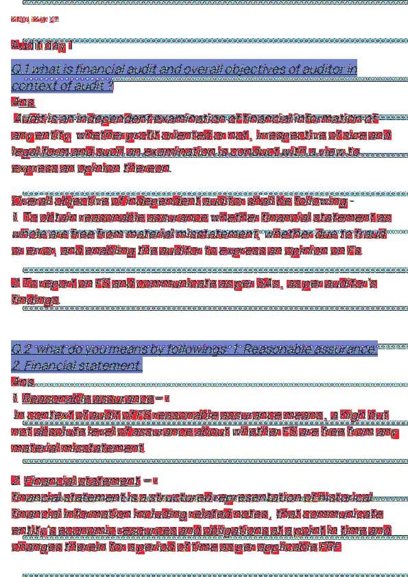First page of Audit Self study Questions notes (Q1 & Q2)
