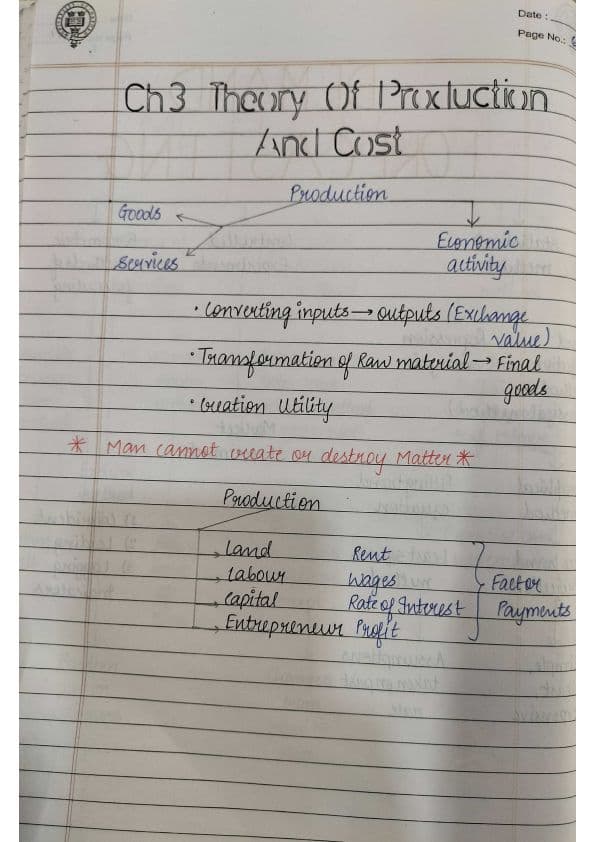 First page of Eco :Theory of Production and Cost