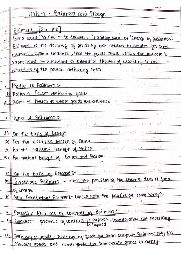 First page of Bailment And Pledge Handwritten Notes