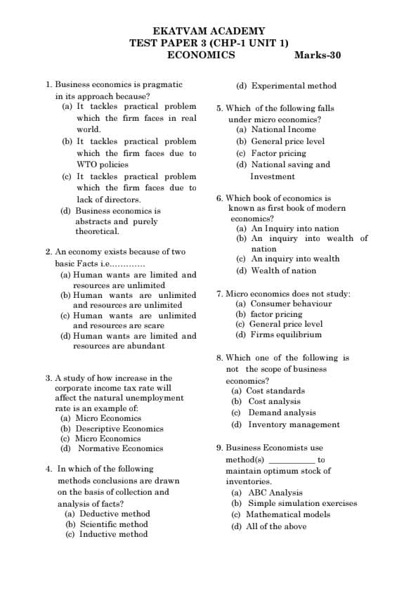 First page of B. Economics Ch:1 Nature and scope of business economics Unit:1 Mcqs