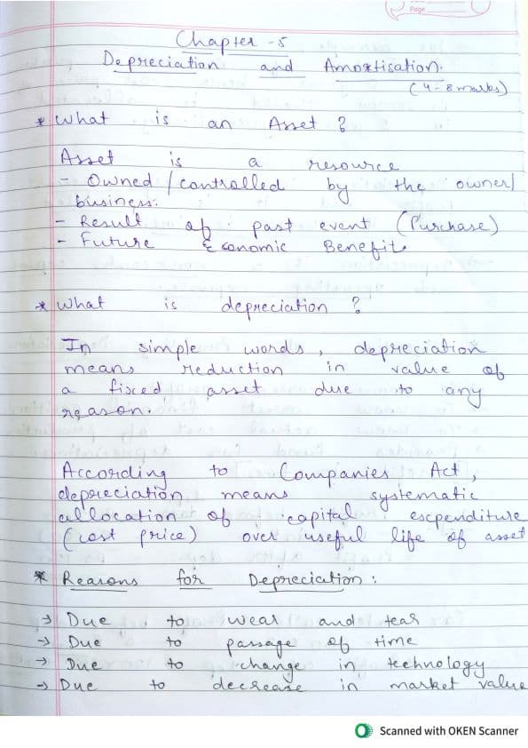 First page of DEPRECIATION HANDWRITTEN THEORY NOTES
