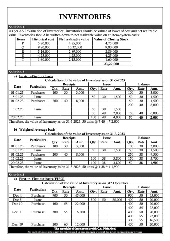 First page of Inventories. Example of Sums for every method