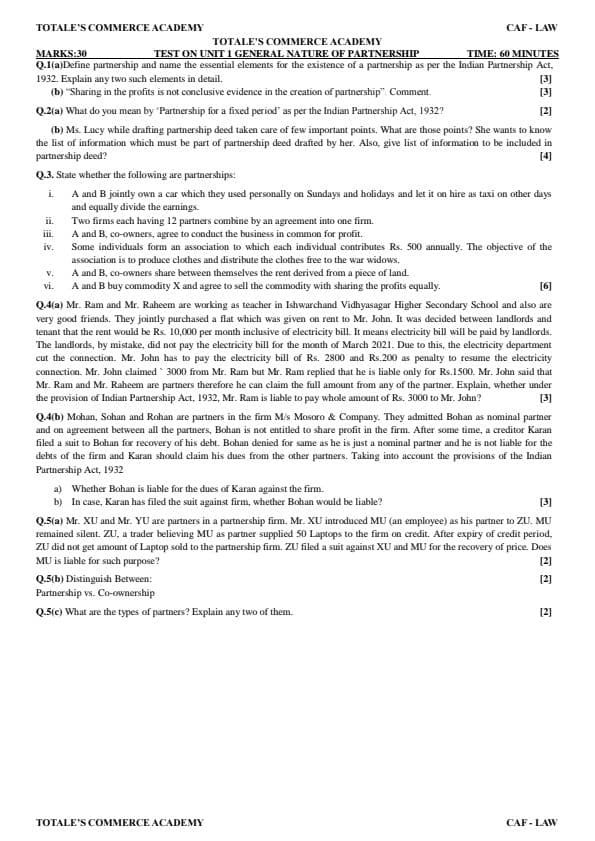 First page of Partnership unit 1 sample question
