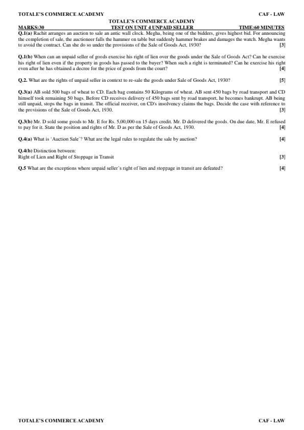 First page of Unpaid seller partice questions