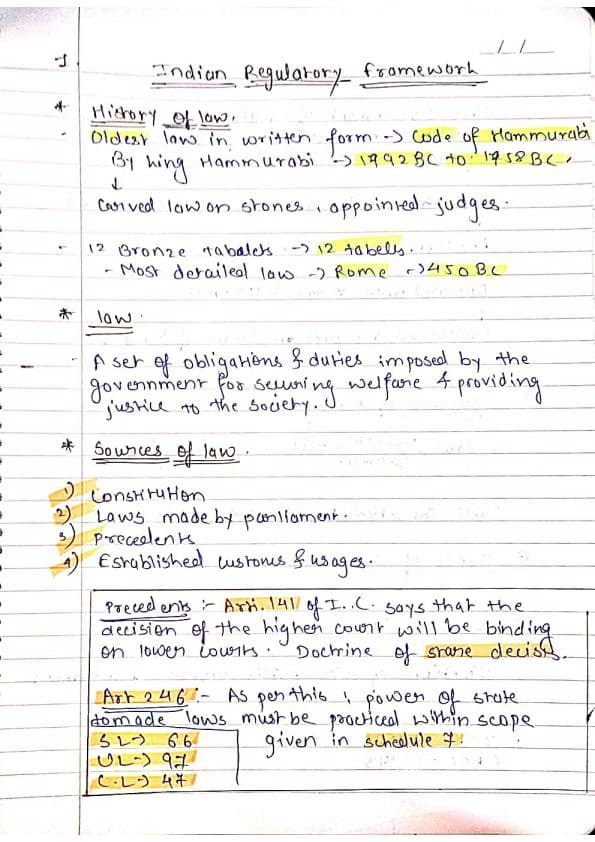 First page of Indian Regulatory Framework handwritten notes