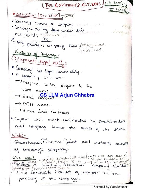 First page of Arjun sir-conpsnies act-handwritten notes