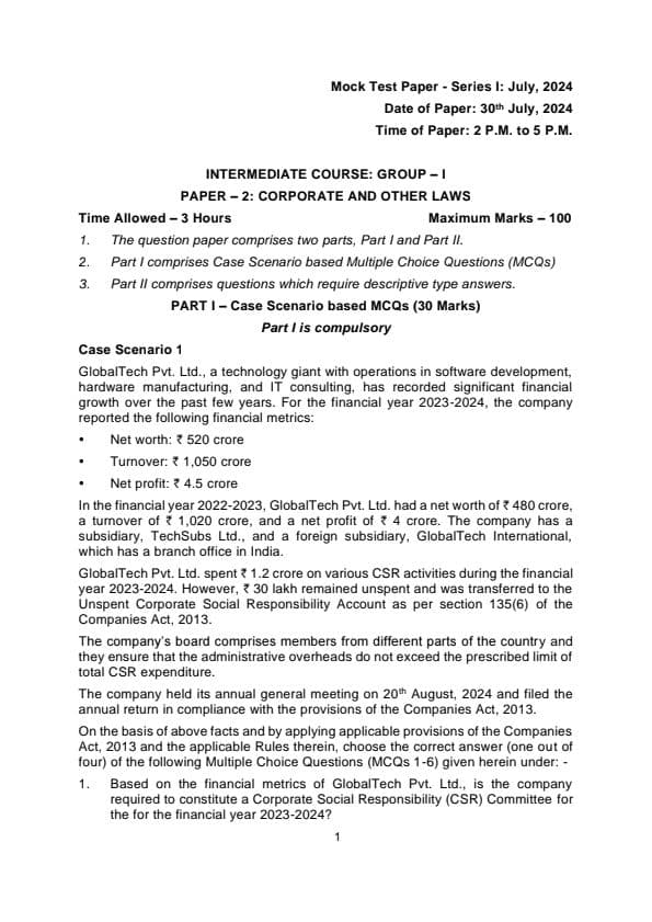 First page of MTP Series 1 30 july 2024 Corporate and other laws Question paper