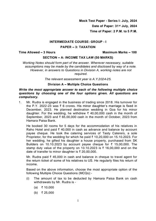 First page of MTP Series 1 31 july 2024 Taxation Question paper