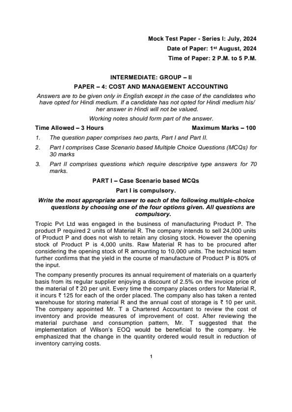 First page of MTP Series 1 01 aug 2024 Cost and management accounting Question paper