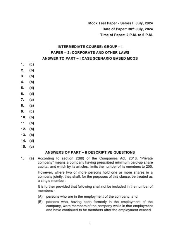 First page of MTP Series 1 30 july 2024 Corporate and other laws Suggested answers/solutions