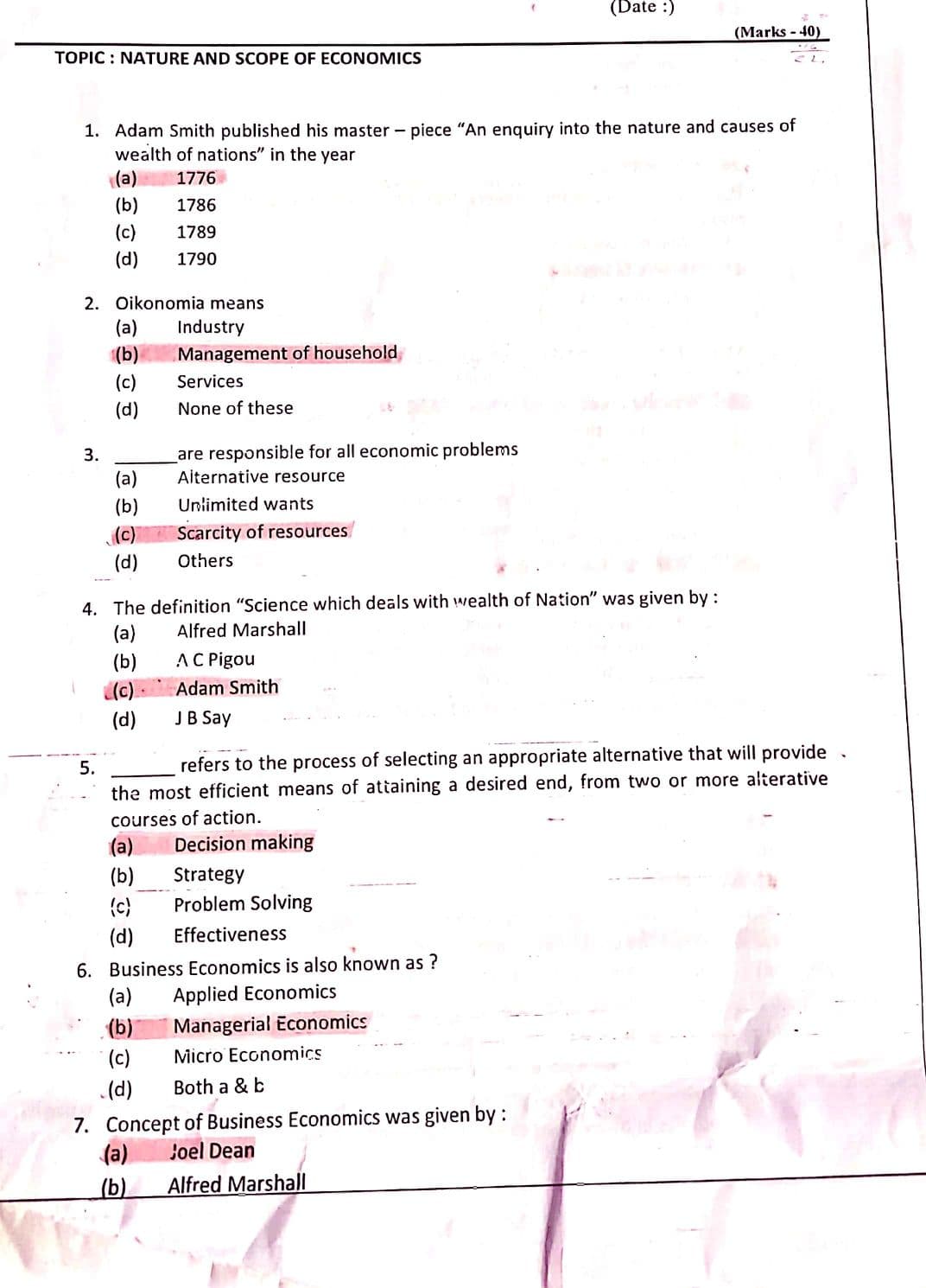 First page of Economics chapter 1 Test series with answers 40 marks