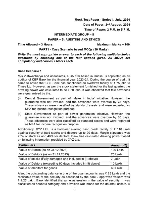 First page of MTP Series 1 02 aug 2024 Auditing and ethics Question paper