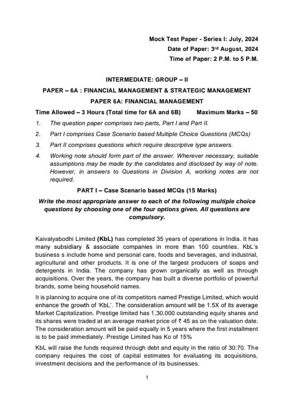 First page of MTP Series 1 03 aug 2024 Financial management and strategic management Question paper