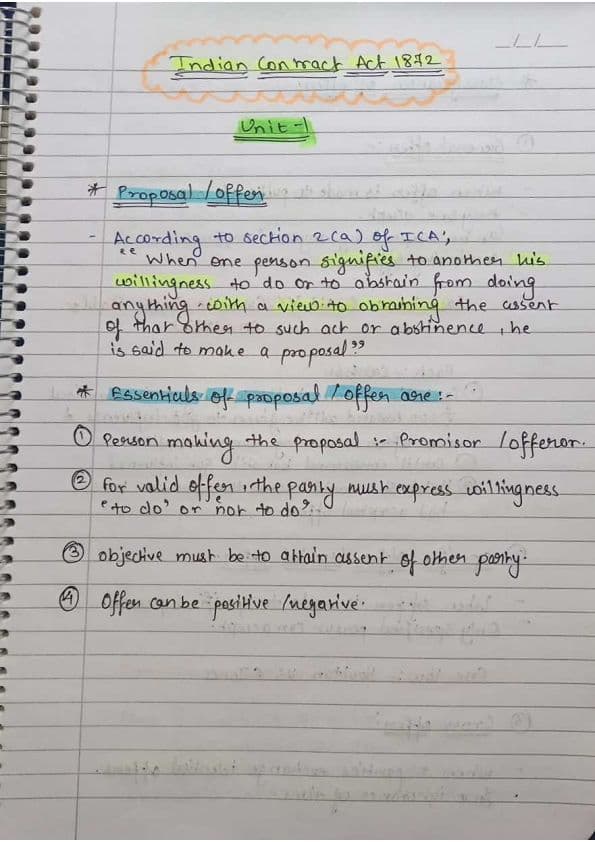 First page of Indian Contract act 1872 unit 1 detailed notes with glossary of all sections