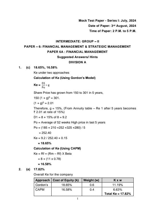 First page of MTP Series 1 03 aug 2024 Financial management and strategic management Suggested Solutions/answers